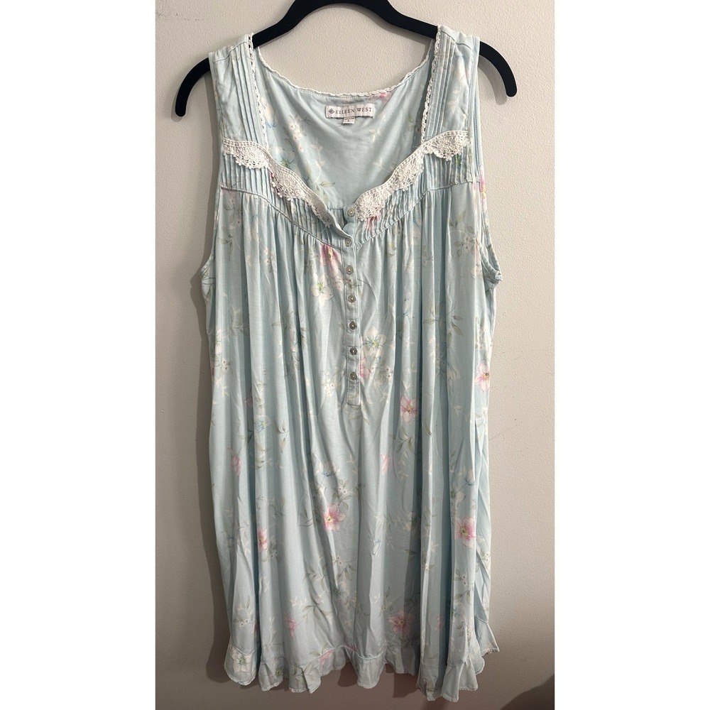 Miss Elaine Light Blue Sleeveless Nightgown Large Lace Floral Short Housedress
